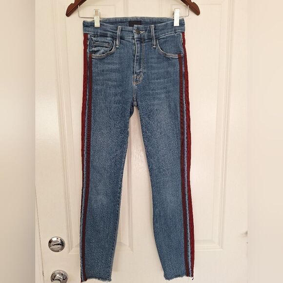 Mother the looker Ankle Fray Blue with  red stripes jeans size 25 - Picture 1 of 10